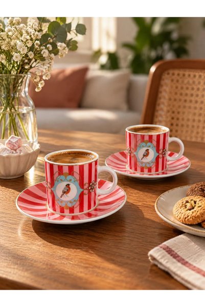Squala Home Coffee Cup Set, 2-Piece, Red Cup Set with Bird Pattern.