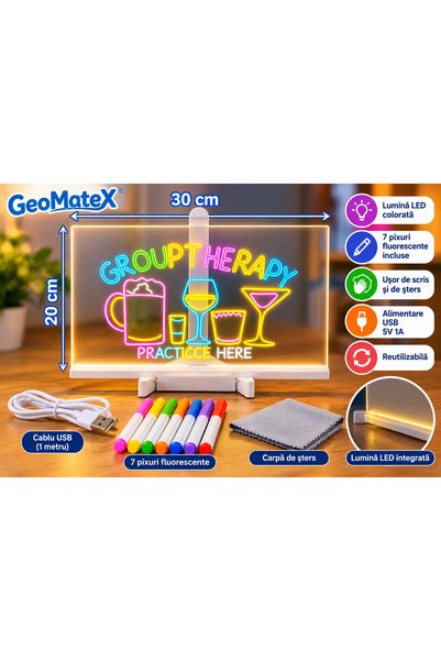GeoMateX Tablă Acrilică LED pentru Scris și Desen, 30 x 20 cm, Iluminare LED,...