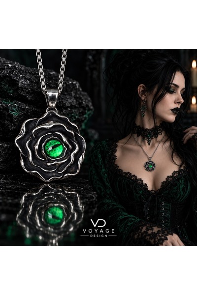 voyageaccessory Antique Silver-Colored Stainless Steel Necklace with Green Gl...