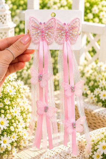 Generic Brand Set of 2 Butterfly-Shaped Hair Clips with Dangling Charms – Pea...