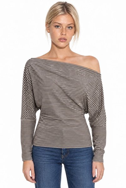 Hiccup Busem Striped Degaje Collar Long Sleeve Blouse