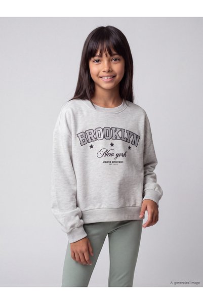 LC Waikiki Lcw Kids Grey Printed Girls' Thick Sweatshirt with Nevavm Design.