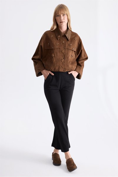 on Flower Embroidered Elastic Waist Suede Coat 10752