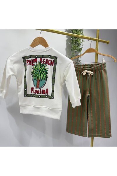 Patriko Boys and Girls Palm Tree Printed 3-Thread Cotton Sweatshirt Striped Pants Top and Bottom Set