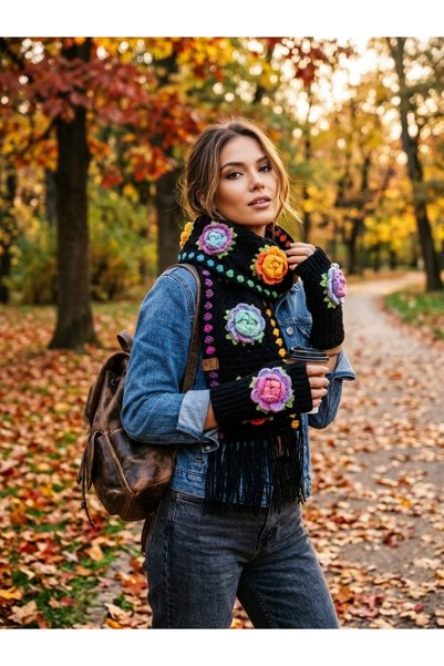 satürn hobi örgü tasarım Knitted Black Scarf & Glove Set with a Colorful Rose...