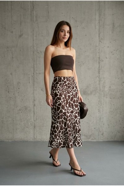 Hisleria Graphic Pattern Viscose Satin Fabric, Midi-Length Brown Skirt.