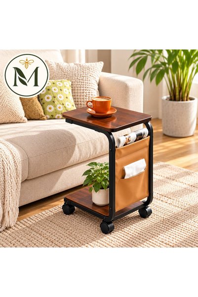 Generic Brand Multifunctional Side Table with Wheels – Walnut Color