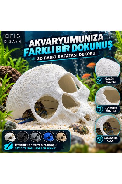 Ofis Dizayn 3D Baskı Kafatası Akvaryum Dekoru Balık Saklanma Mağarası
