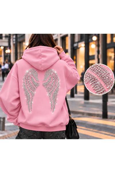 Urban Look Women's Oversized Hooded Sweatshirt with Silver Stone Angel Wing P...