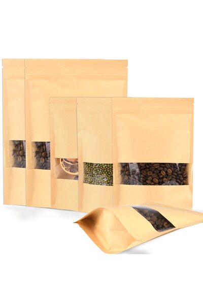 SWIHELP 200 Pcs Kraft Paper Food Bags with Window Stand Up Pouches, Zip Lock ...