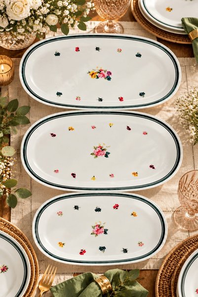 tabakevi Tabak Evi Porcelain Green Oval Serving Plate Set, 3 Pieces.