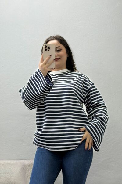 BELENDİR سويت شيرت نسائي مخطط من أويشو بأكمام إسبانية باللون الكحلي