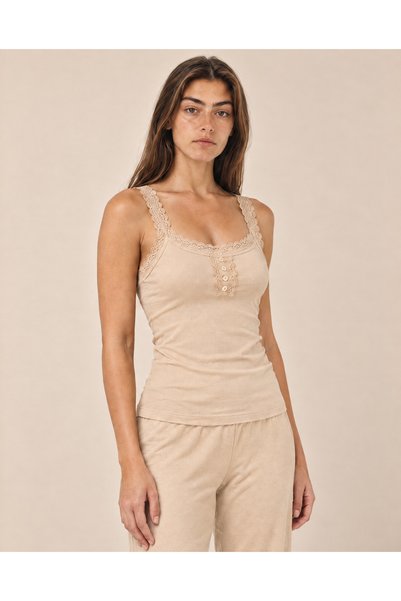 TOP CLOTHE توب نسائي دانتيل بحمالات عريضة وأزرار أمامية، بلوزة كت دانتيل بدون أكمام بقماش مضلع وقصة سليم فيت – بيج وأسود وأبيض