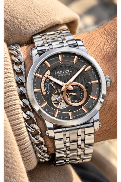 Ferrucci Automatic (Battery-Less), Silver Steel Strap, Rose Dial, Men's Wrist...