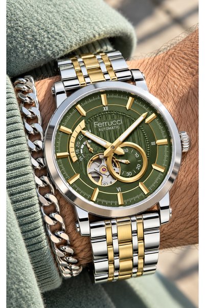 Ferrucci Automatic (Battery-Free), Silver and Yellow Steel Strap, Green Dial,...