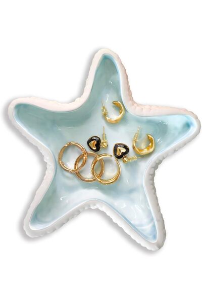 YHRY Ceramic Starfish Jewelry Dish Tray Blue Jewelry Holder Trinket Dish Ocea...