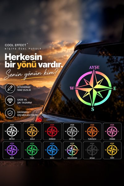 Kişiye Özel İsimli Pusula Araç Cam Sticker 23x22 cm | İsim Yazılı | Font Seçenekli - Hologram