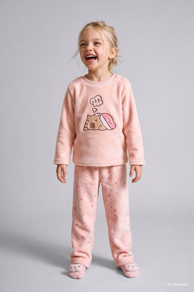 DeFacto Printed Welsoft Plush 2-Piece Pajama Set for Girls, Baby I0775A526Wn.