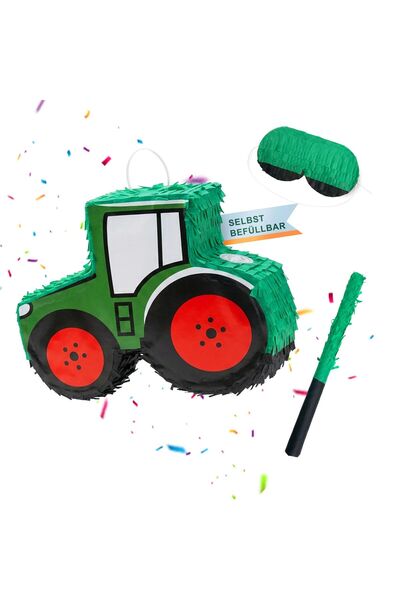Relaxdays Pinata Tractor cu băț și mască, verde închis, roșu, negru