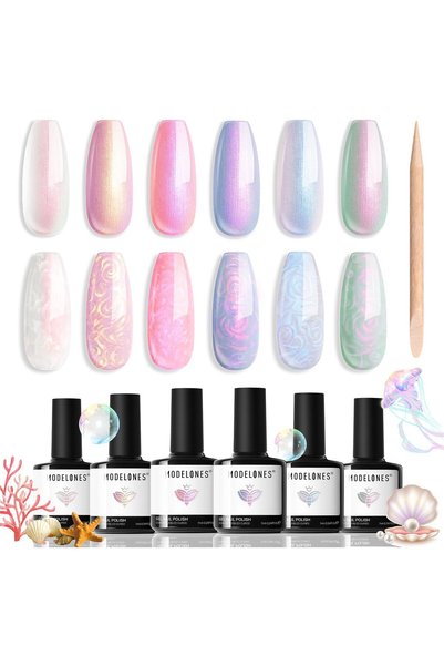 MODELONES Pearl Gel Nail Polish Set, 6 Colors Aurora Iridescent Shimmer White...
