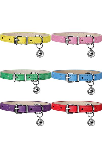Weewooday 6 Pieces Leather Cat Collar with Bell Cute Pet Leather Kitten Colla...