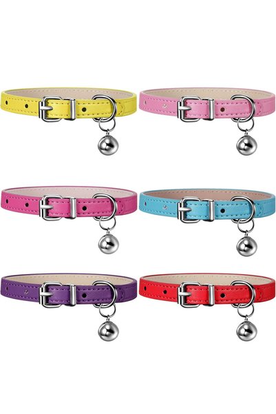 Weewooday 6 Pieces Leather Cat Collar with Bell Cute Pet Leather Kitten Colla...