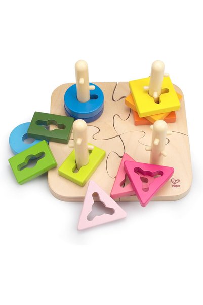 3Shape Creative Peg Puzzle by Hape | Wooden Stacker Peg Problem Solving Puzzl...