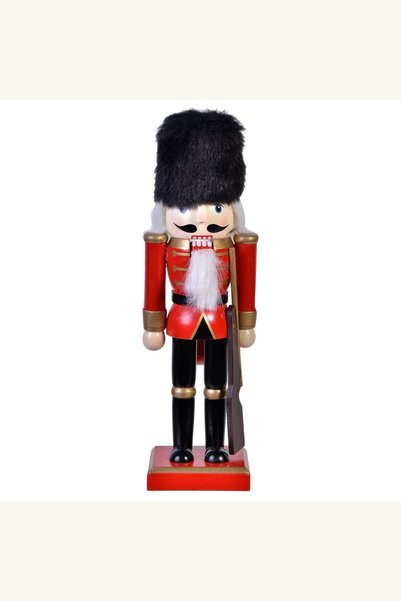 Comerivo Figurina de lemn soldat, uniforma rosie si caciula neagra din blana,...
