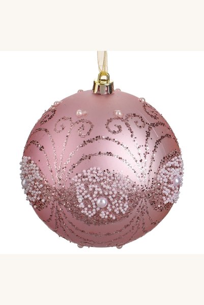 Comerivo Glob de Craciun roz pentru brad, cu glitter si margele albe, diametr...