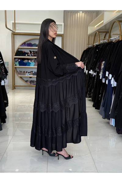 TAJ ALHASHMA Ramia Abaya in Ceramic Crepe Fabric with Layered Black Lace Detailing from