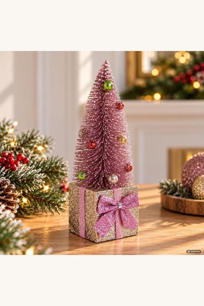 Comerivo Brad decorativ roz de Craciun 24 cm, ideal cadou pentru masa sau per...