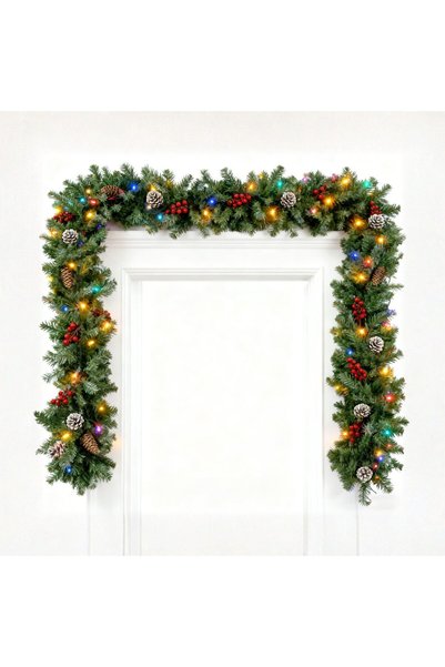TAPIT 2.7m Snow Flocked Round Pine Cone LED Christmas Garland, Red Berry Deco...