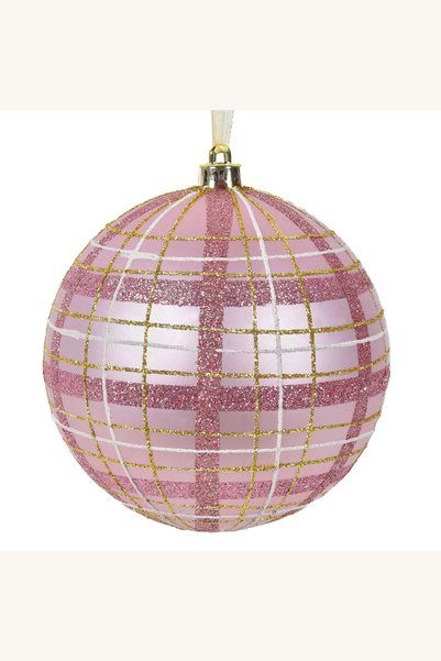 Comerivo Glob de Craciun roz mat cu carouri aurii si albe, 12 cm, pentru deco...
