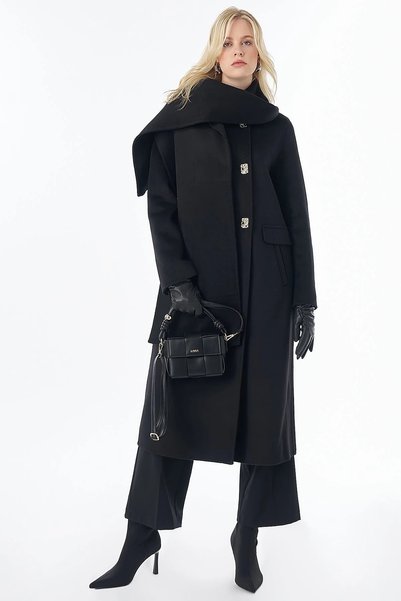Kayra Wool Coat with Scarf Detail, Black.