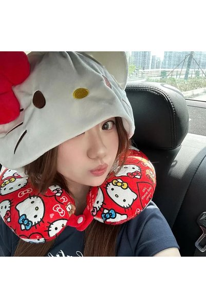 Miniso KT Kitty Hooded Neck Pillow Travel Pillow For Airplane Train Car Soft ...