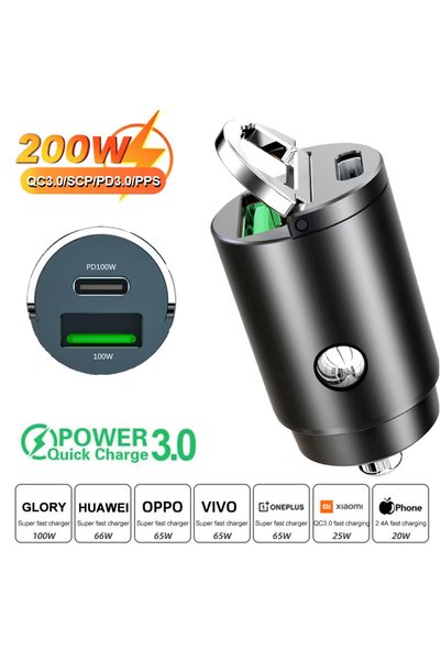 Choice 200W PD QC 100W/200W Mini Car Charger QC3.0 PD 12-24V Pull Ring USB Ty...