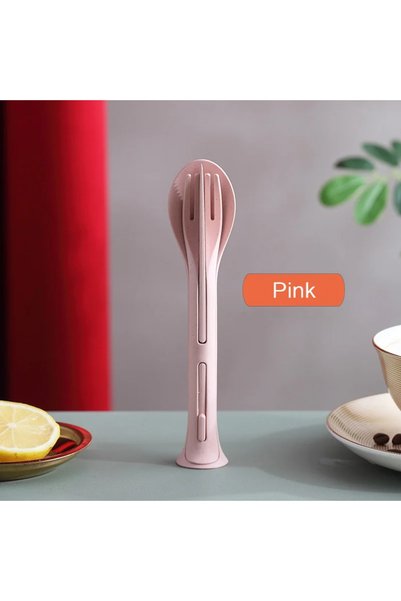 Choice Pink 3Pcs Portable Tableware Set Wheat Straw Dinnerware Detachable Cut...