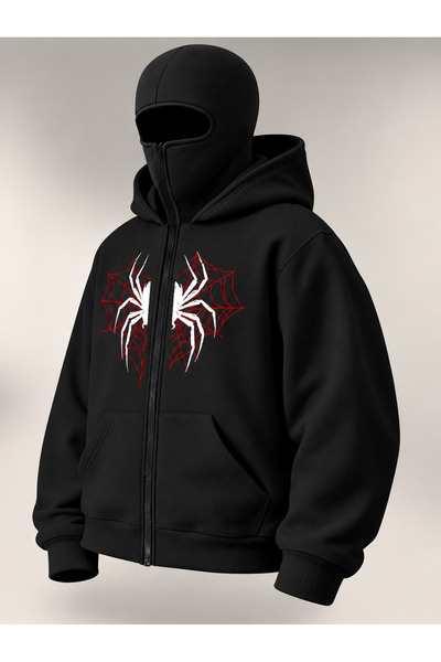 Unisex Erkek/Kadın Örümcek Ön Baskılı Siyah Oversize Kapüşonlu Sweatshirt Hoodie Fermuarlı