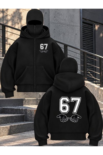 Unisex Erkek/Kadın 67 Kolej Ön ve Arka Baskılı Siyah Oversize Kapüşonlu Sweatshirt Hoodie Şardonlu