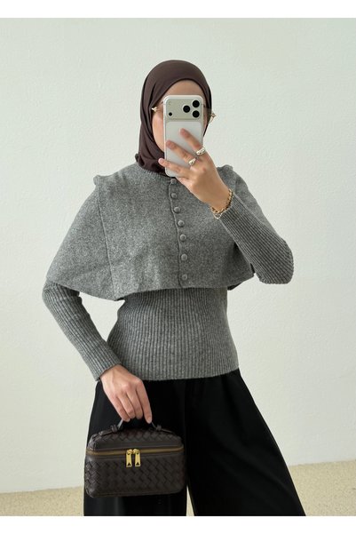MODA AKSA 146037 DÜĞMELİ TRİKO PANÇO GRİ