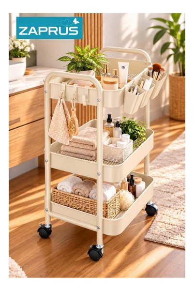 Zaprus 3-Tier Metal Rolling Trolley with 4 Hooks & 3 Cups, Mobile Storage Uti...