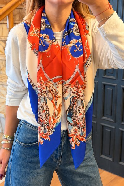 who knows ¿ Red Beige Blue Printed Scarf with Patterned Crepe Fabric, Women's...