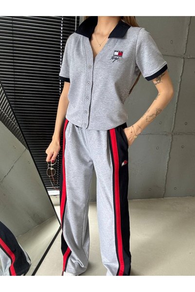 Tommy Düğmeli Polo Yaka Şerit Detaylı Eşofman Takımı-KURU TEMIZLIK