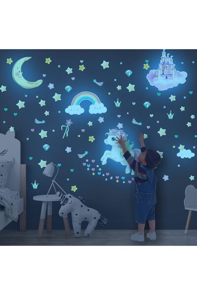 Robmoda Glow in The Dark Stars and Unicorn Wall Decals, Glowing Castle Moon a...