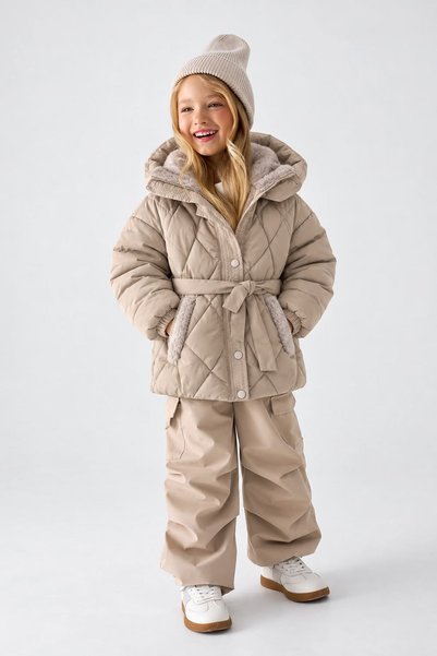 Minigimin Cicileri Nova Textured Quilted Hooded Winter Coat for Girls - Cream