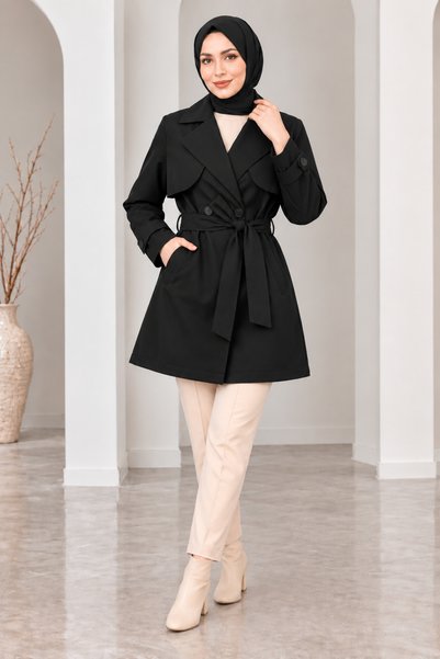 MODAASİ Women's Short Trench Coat with Belt, Buttoned, Wrap-Style Collar, and...