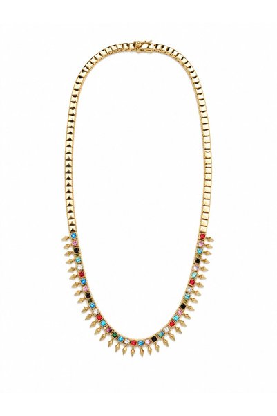 Sacha Accessories Geometric Detailed Gold Necklace with Colored Stones