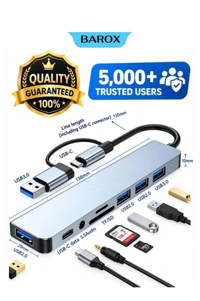BAROX محول USB-C متعدد المنافذ 8 في 1، محول USB، قاعدة توسعة USB مع نقل البيا...