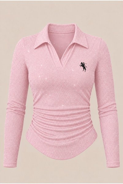 Gofeel Polo Collar Blouse with Silver Embroidery and Ruffled Details