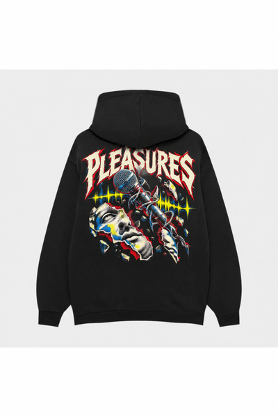 SVART WEAR Pleasures Φούτερ με κουκούλα, μαύρο, με τυπωμένη τομή ανοιχτού στρ...